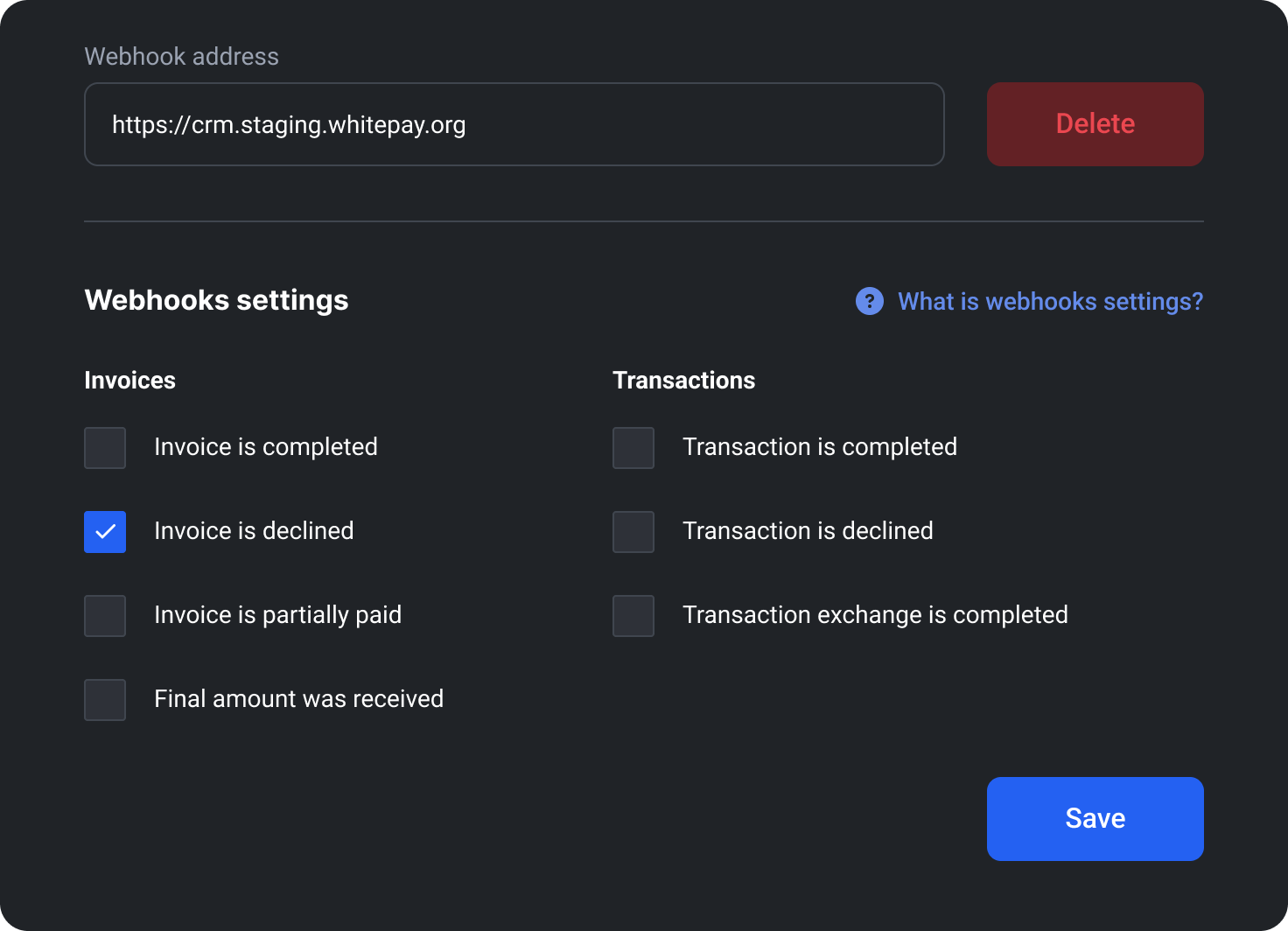 Payment page webhook settings